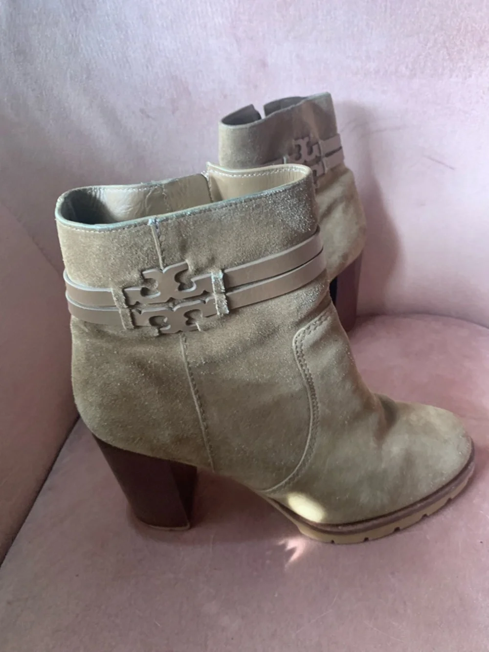 Tory Burch Suede Ankle Boots in Taupe with Decorative Straps